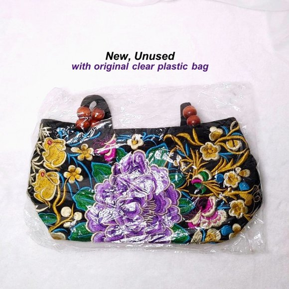 Embroidery Satchel Floral Rabbits Black Purple Canvas Tote Zip Top Handle Lined - Picture 11 of 12